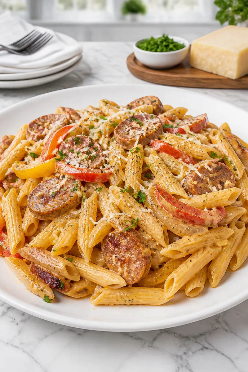 Creamy Cajun sausage and pepper pasta served in a bowl