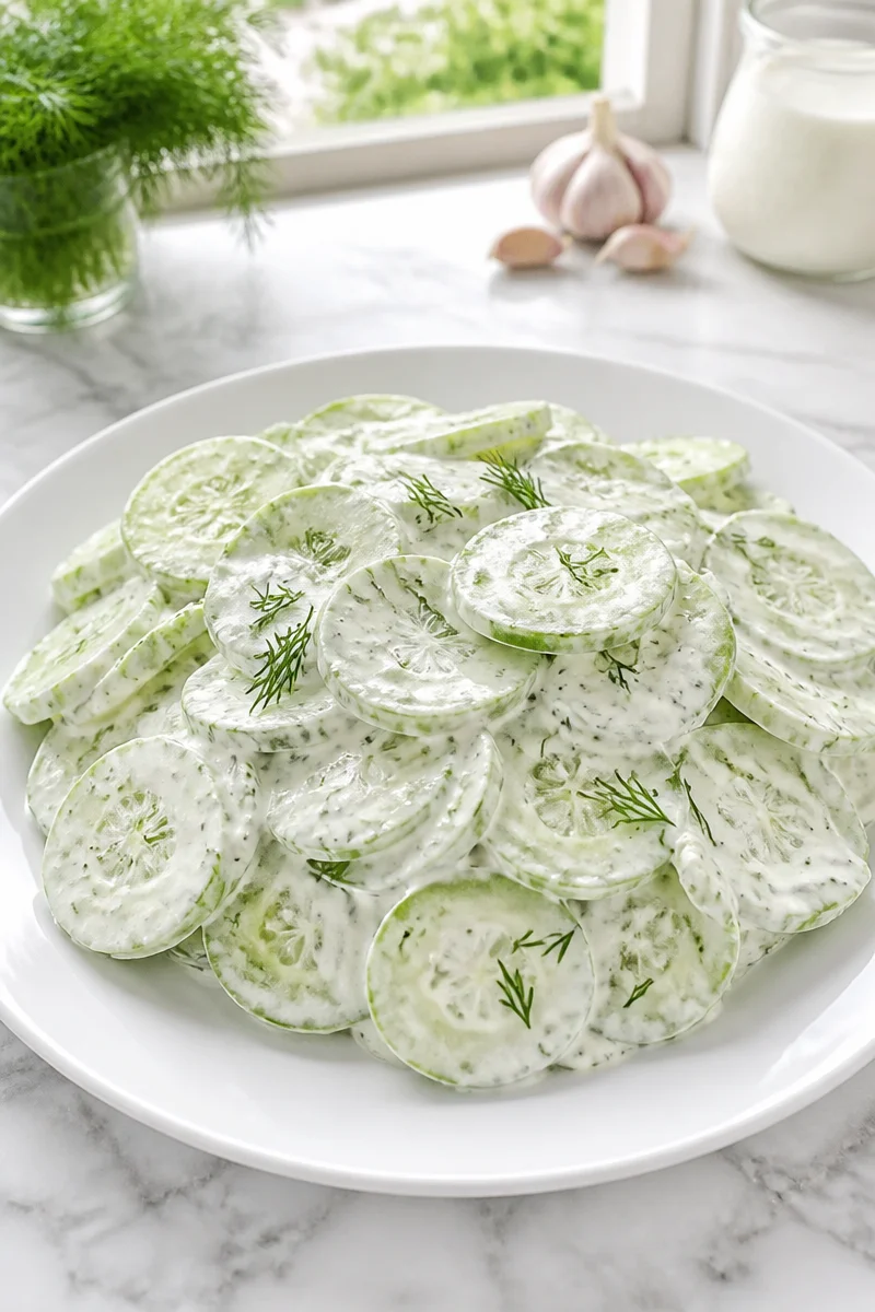 Creamy cucumber salad with dill in a bowl, garnished with fresh herbs