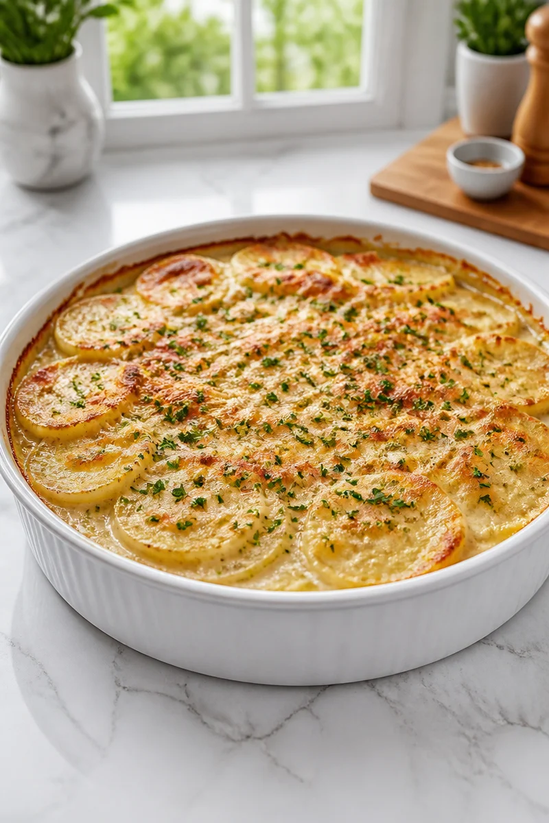 Delicious creamy garlic and parmesan baked scalloped potatoes casserole dish