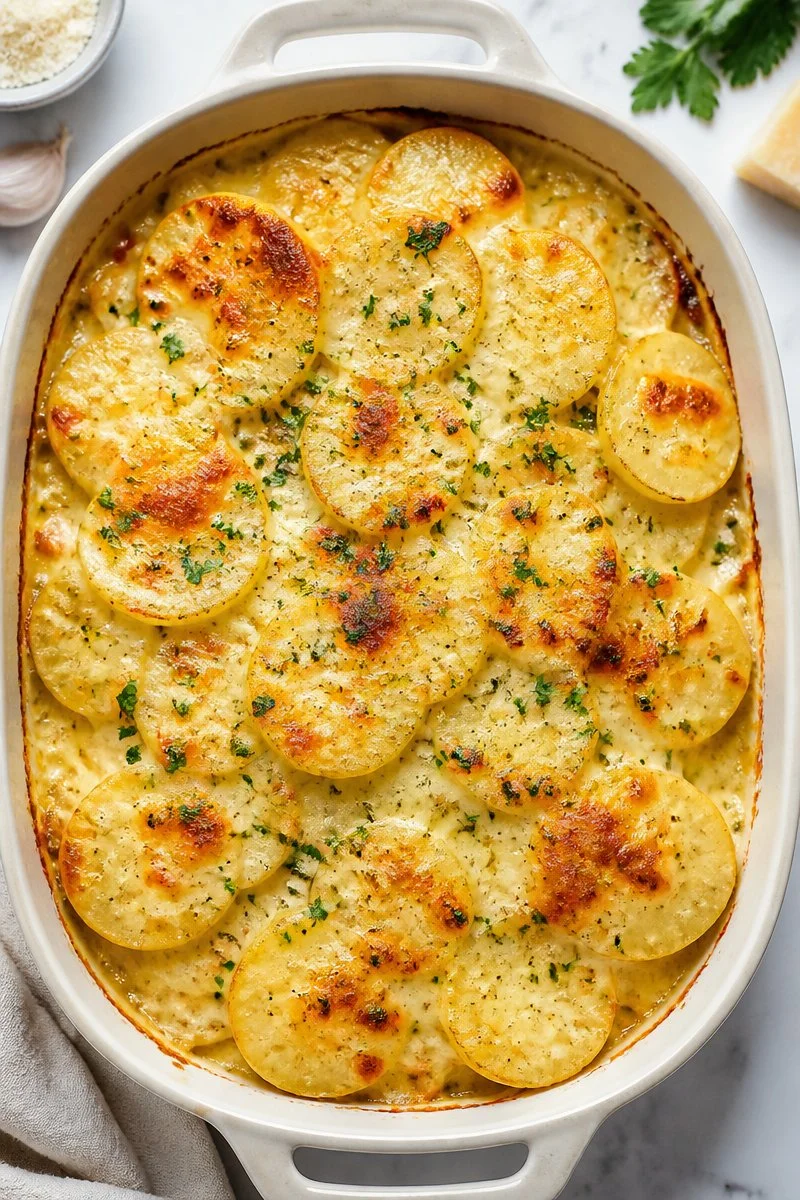 Creamy Garlic And Parmesan Baked Scalloped Potato