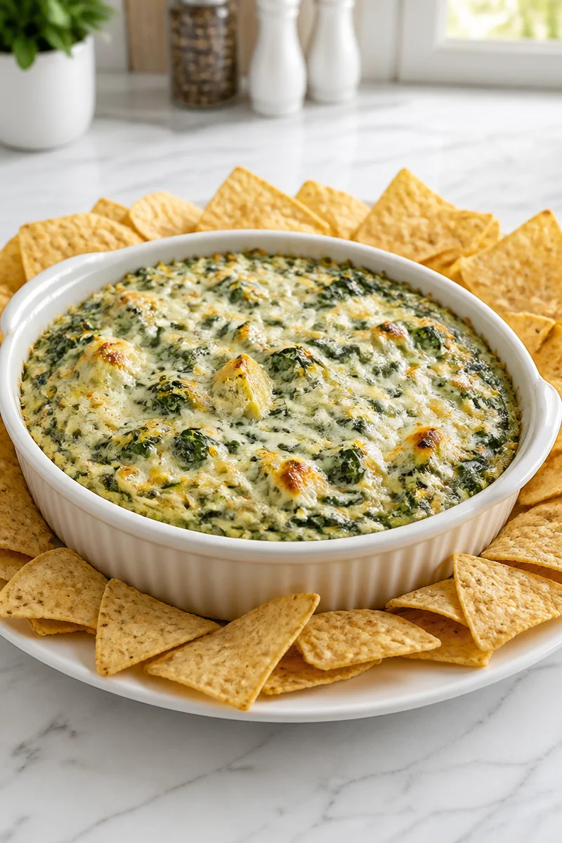 Creamy spinach and artichoke dip served in a bowl with crispy chips