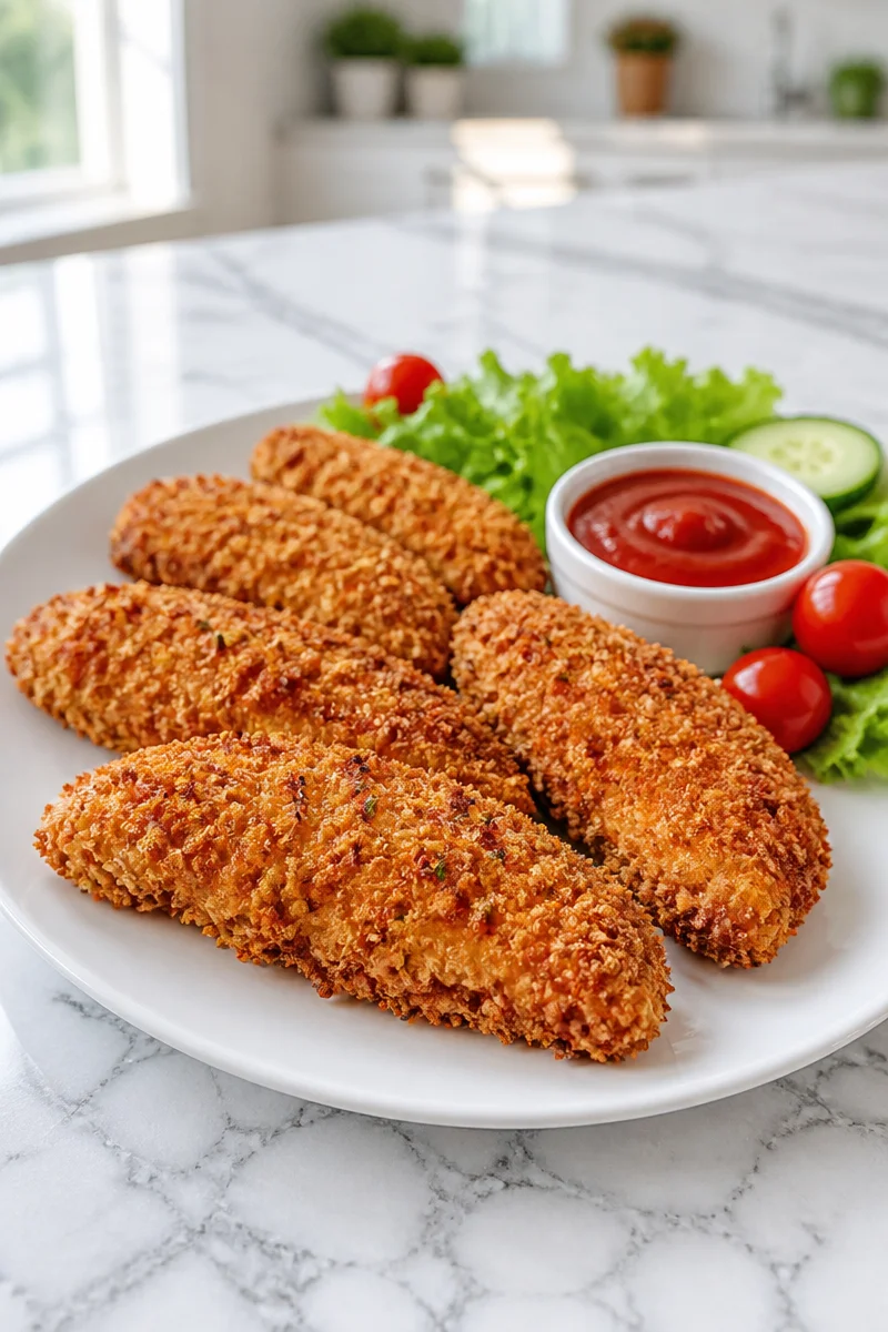 Crispy air fryer halal chicken tenders served on a plate for lunch