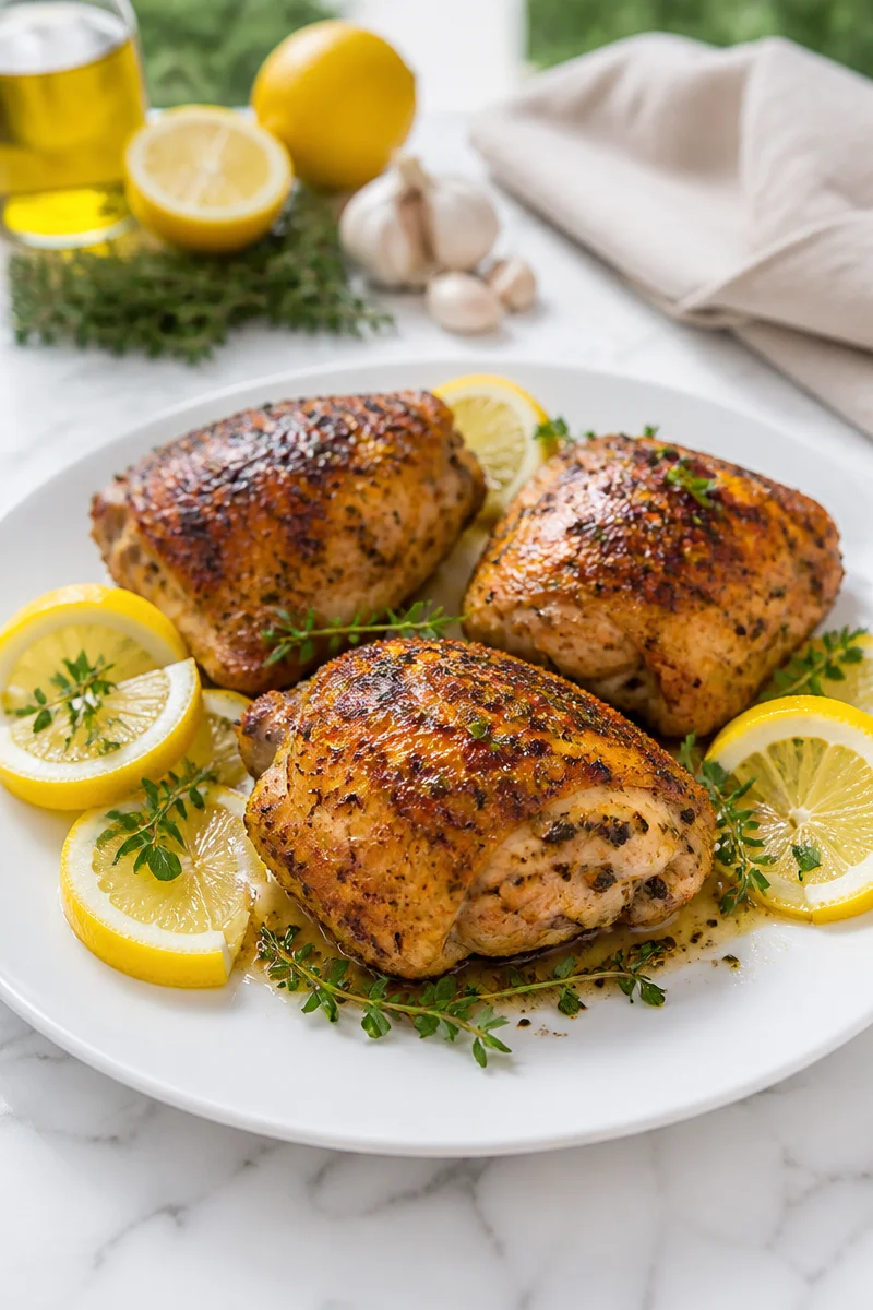 Crispy baked lemon herb chicken thigh served on a plate with herbs.
