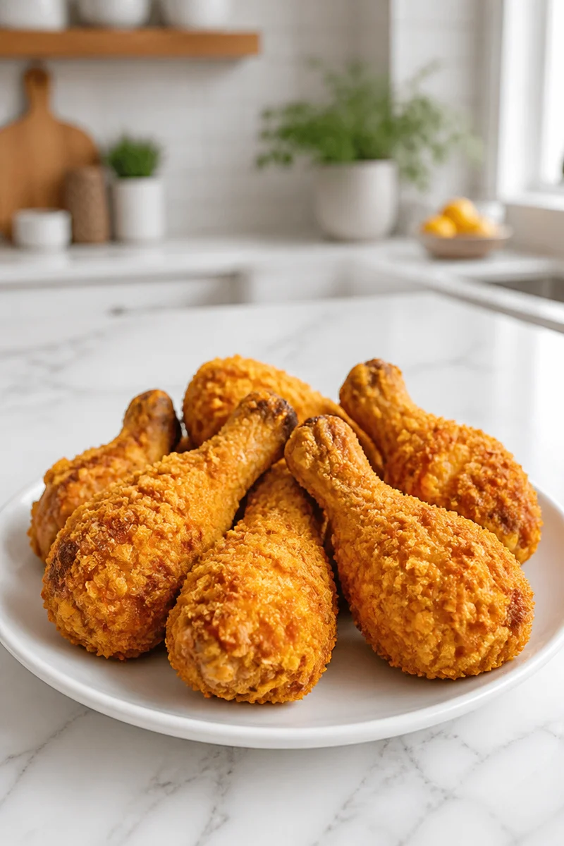 Crispy cornflake crusted baked chicken drumsticks on a plate