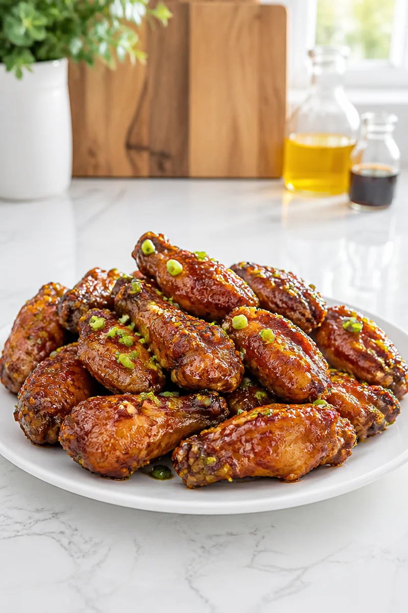 Crispy honey garlic chicken wings in an air fryer, garnished and ready to serve.