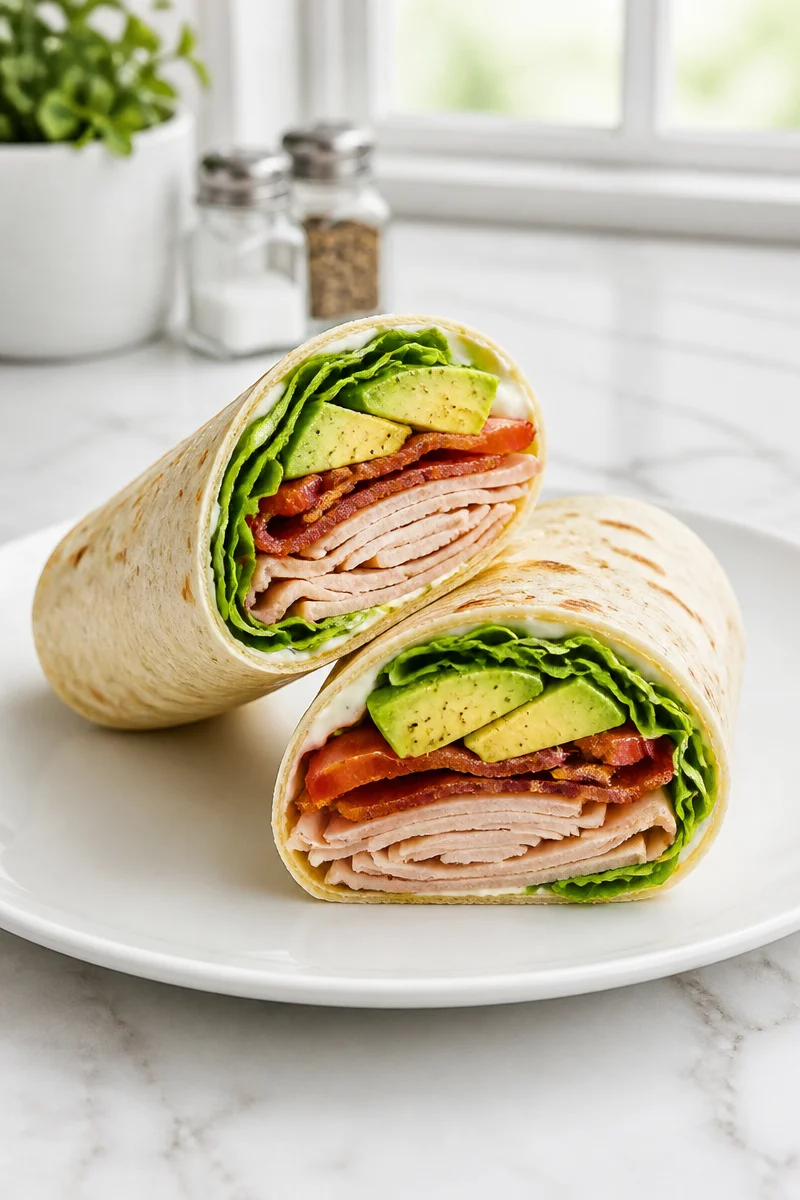 Crispy Turkey BLT Wrap with Avocado on a plate