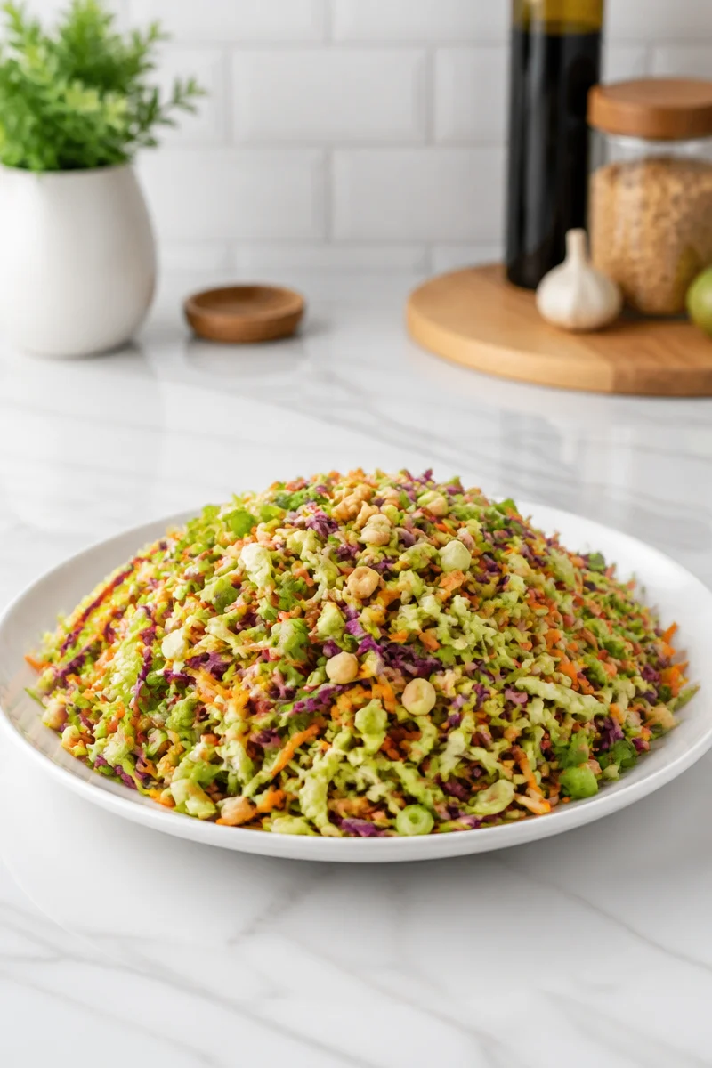 Bowl of crunchy Asian cabbage slaw with peanuts and colorful vegetables