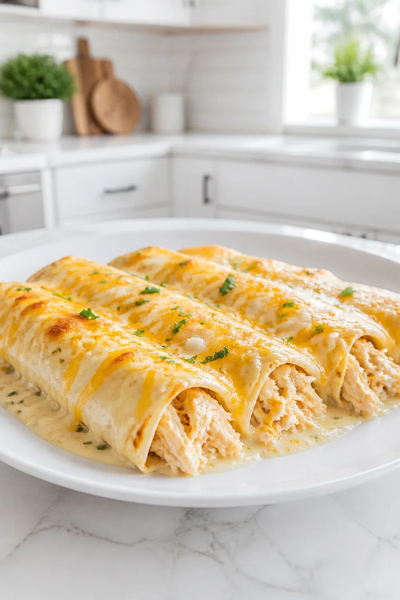 Delicious creamy chicken enchiladas made with rotisserie chicken.