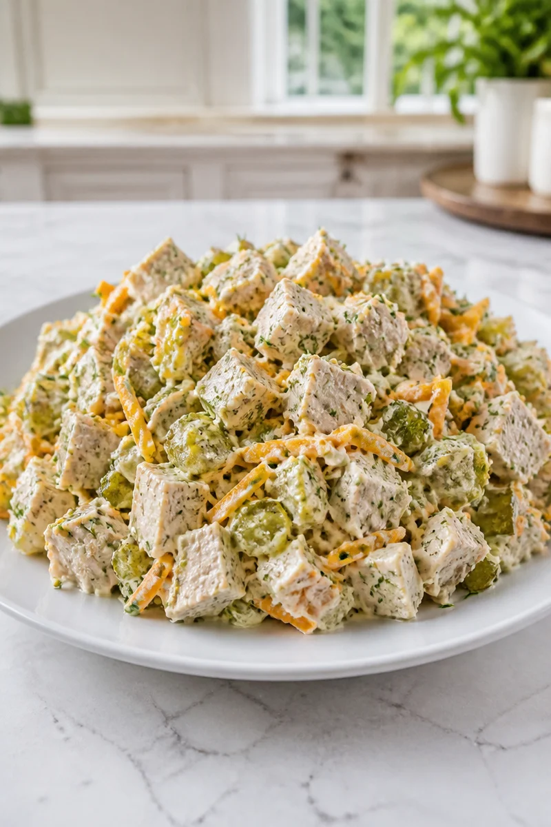 Easy dill pickle chicken salad recipe with cheddar cheese and fresh ingredients