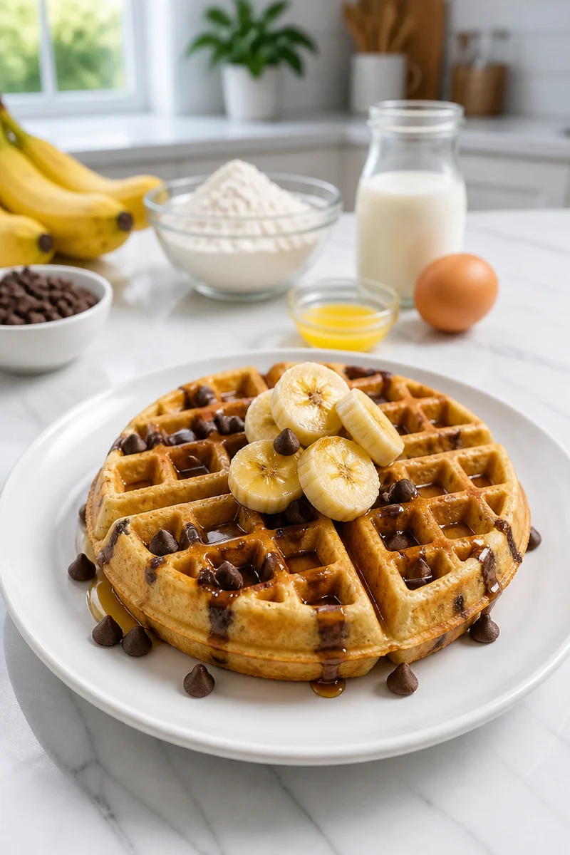 Fluffy banana chocolate chip waffles stacked with chocolate chips
