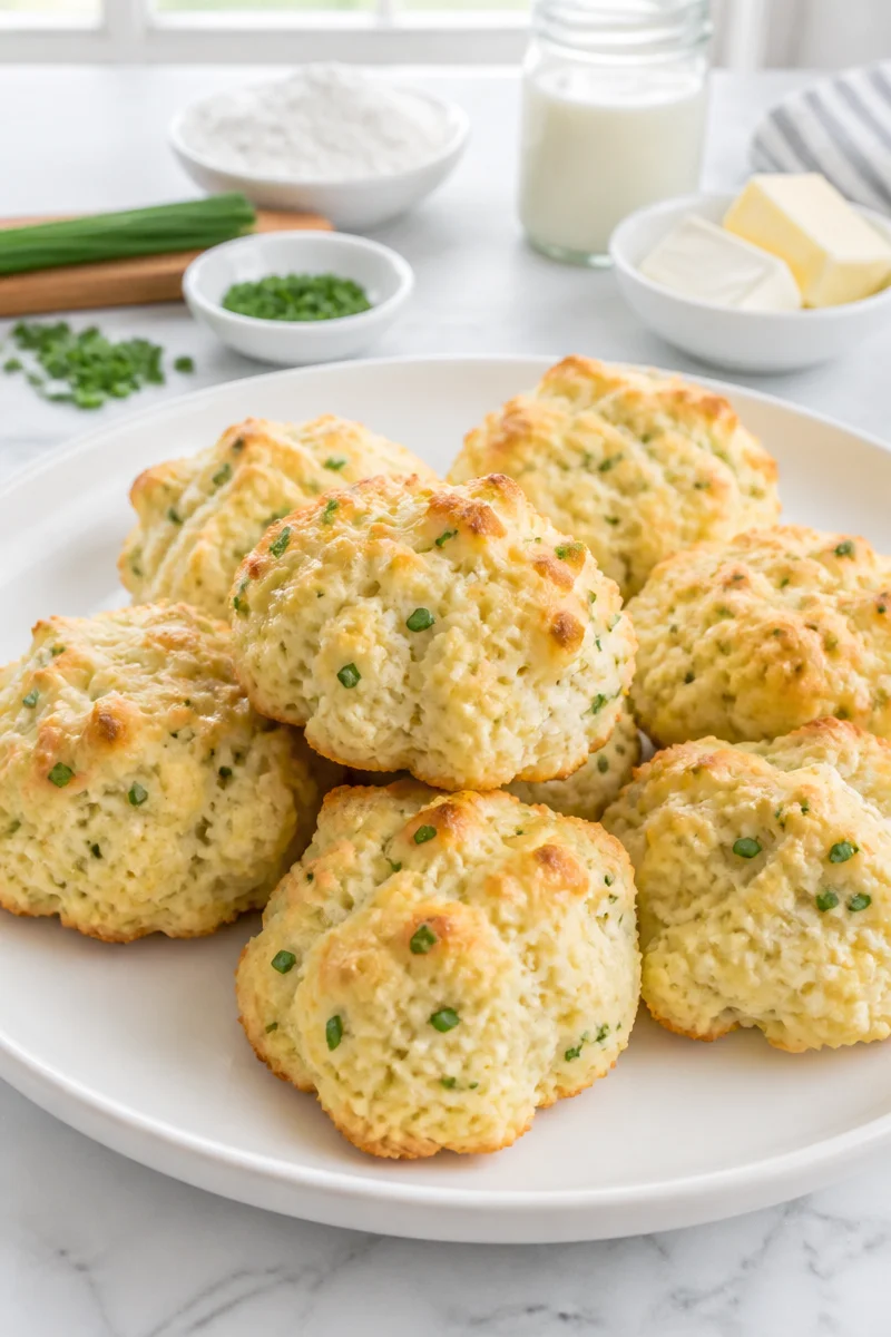 Fluffy cream cheese and chive drop biscuits on a baking tray.