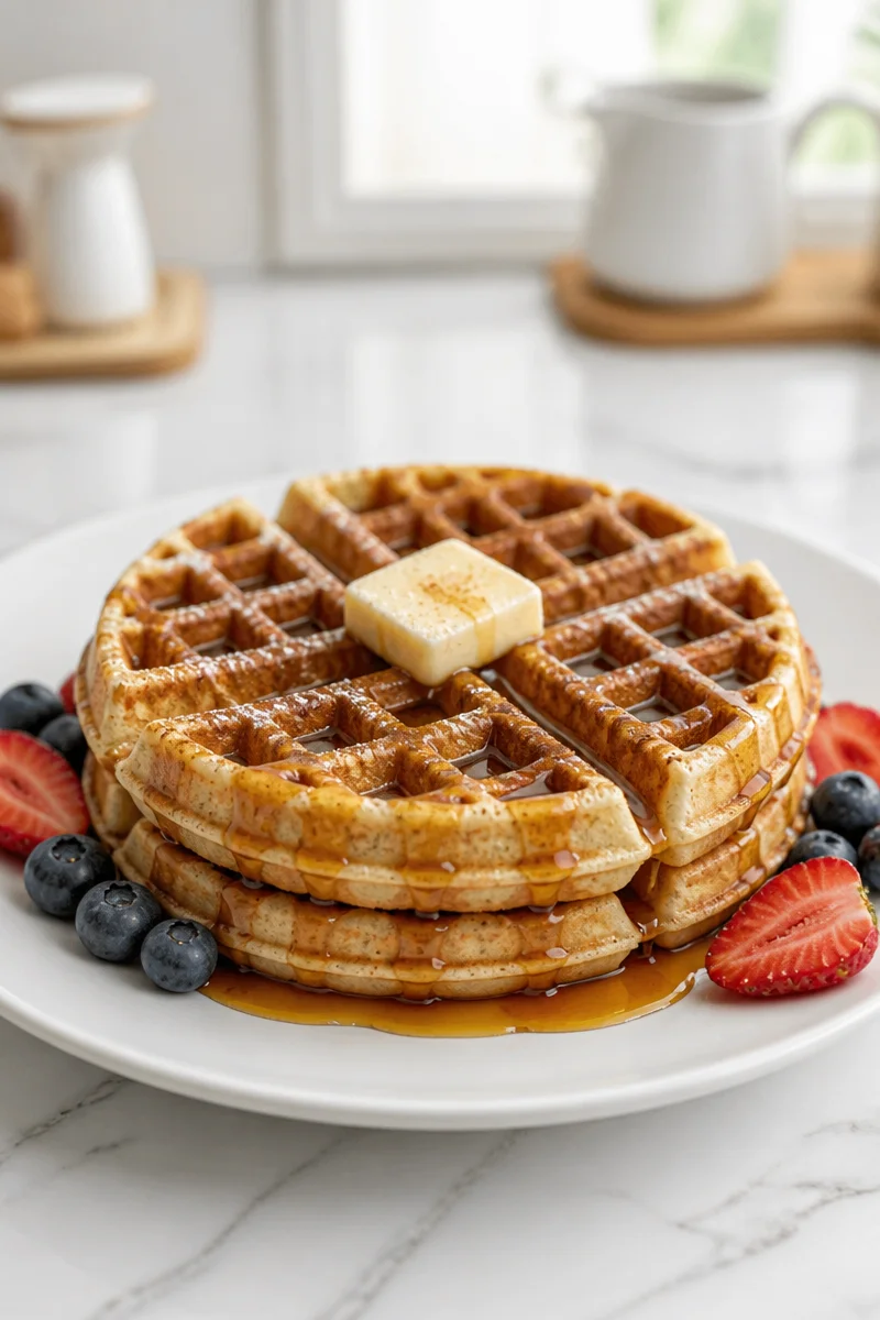 Fluffy homemade cinnamon buttermilk waffle topped with syrup and cinnamon