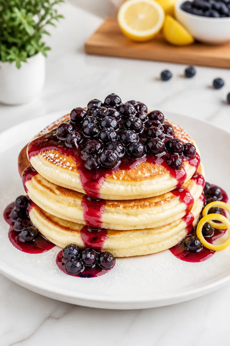 Fluffy lemon ricotta pancakes with blueberry compote served on a plate