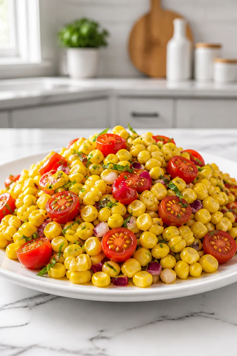 Fresh corn tomato summer salad with herbs and dressing