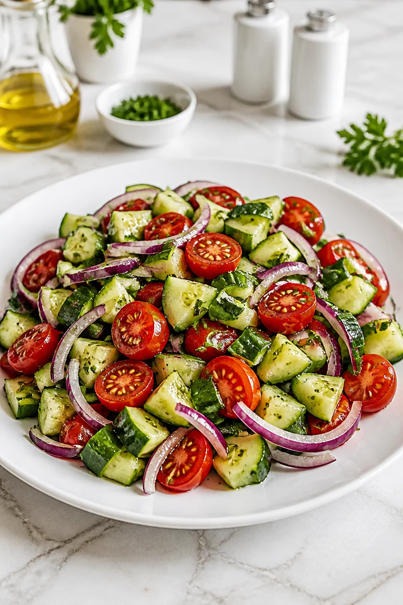 Fresh cucumber tomato salad with red onion and herbs in a bowl