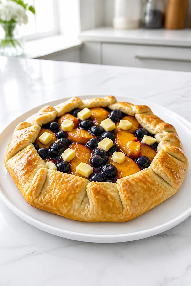 Freshly baked peach blueberry galette on a plate