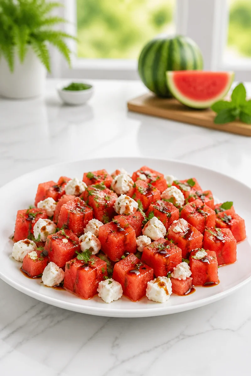 Fresh Watermelon Feta Salad with Balsamic Glaze garnished with mint leaves.