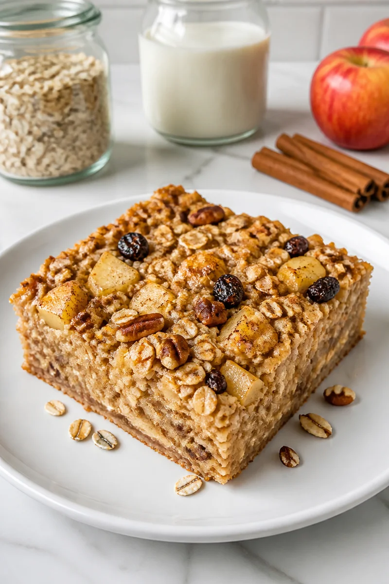 Baked oatmeal with apples and crisp topping served in a bowl for breakfast