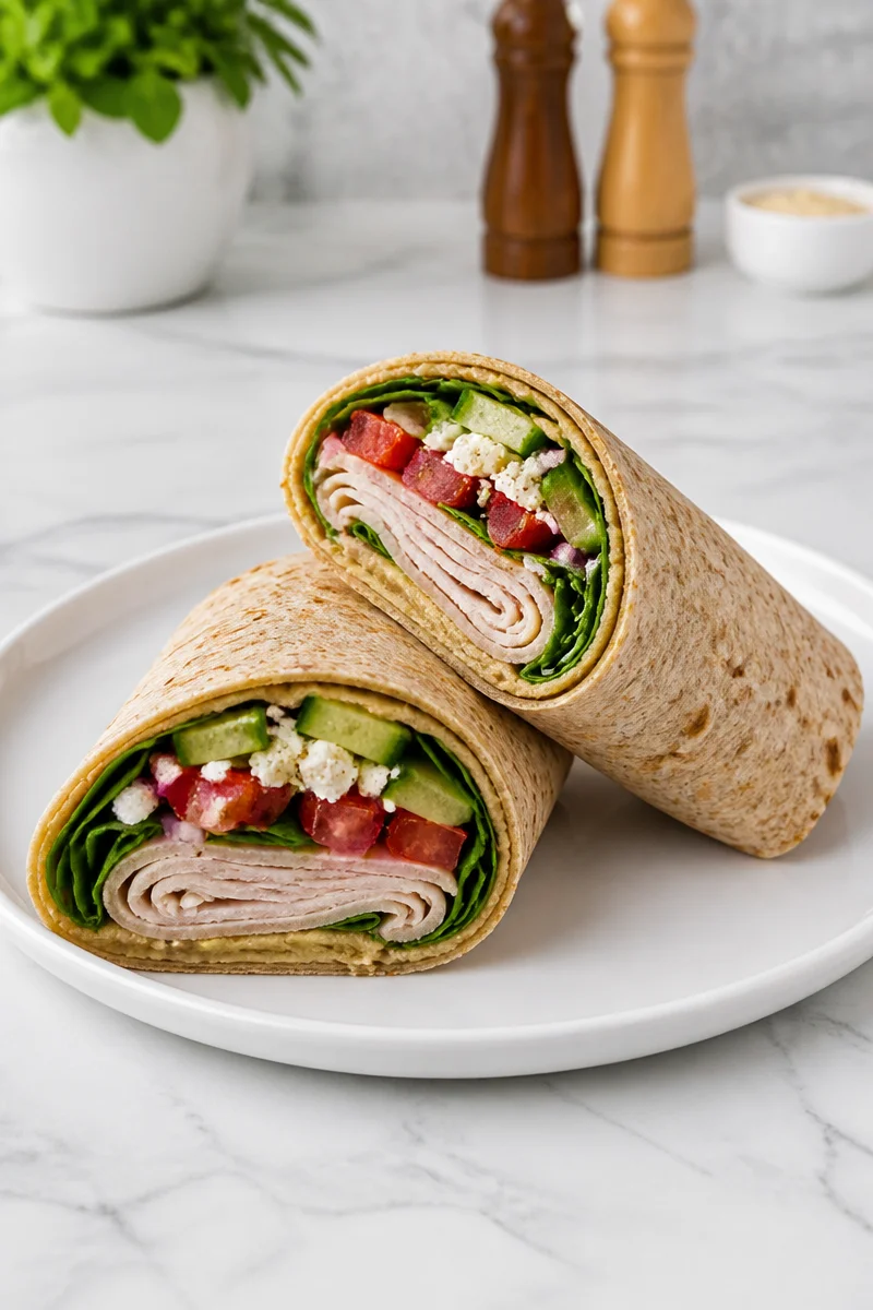 Healthy Mediterranean turkey wrap with hummus and fresh vegetables