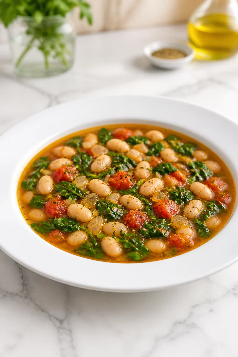 Bowl of healthy Tuscan white bean and spinach soup garnished with herbs
