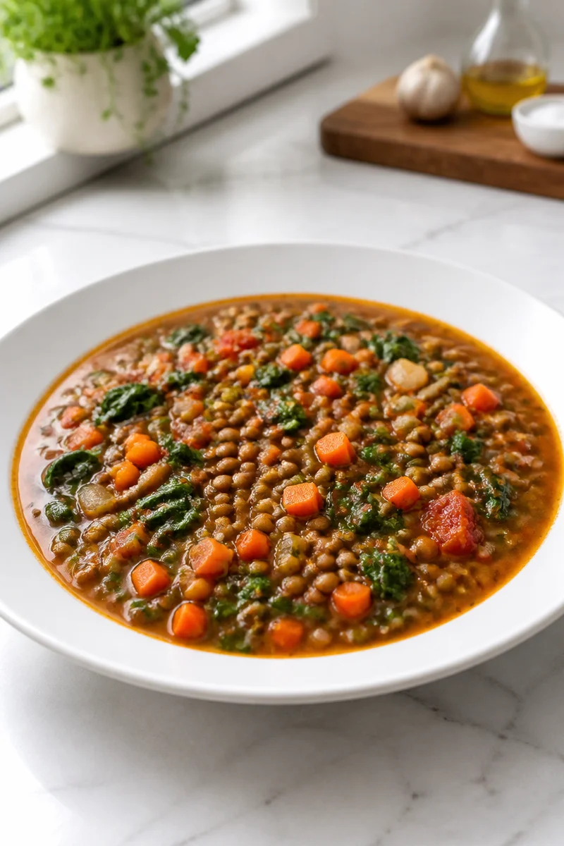 A bowl of hearty homemade lentil and vegetable soup