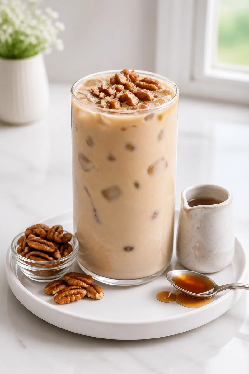 Refreshing Iced Maple Pecan Latte with oat milk served in a glass