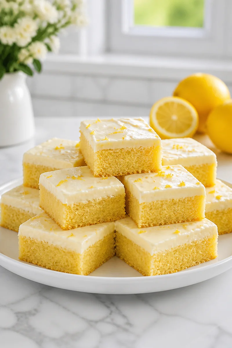 Lemon brownies with cream cheese frosting on a white plate.