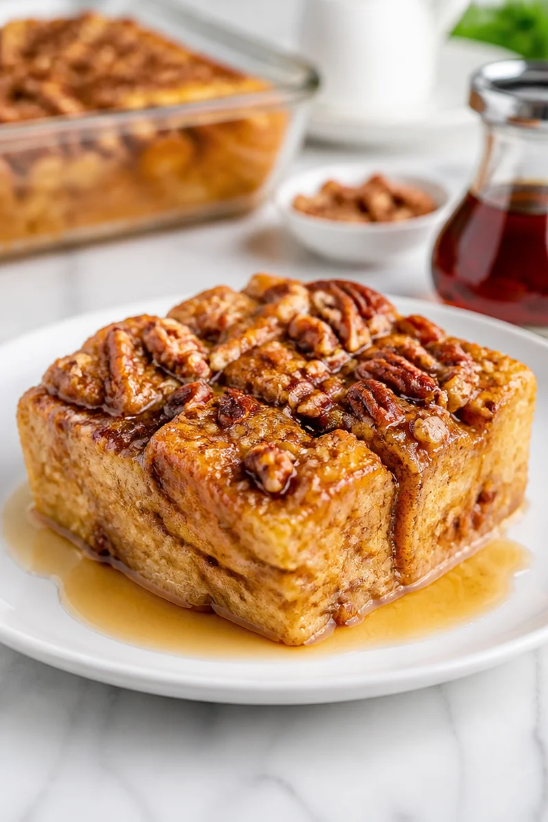Baked maple pecan French toast topped with syrup and nuts, perfect for brunch.