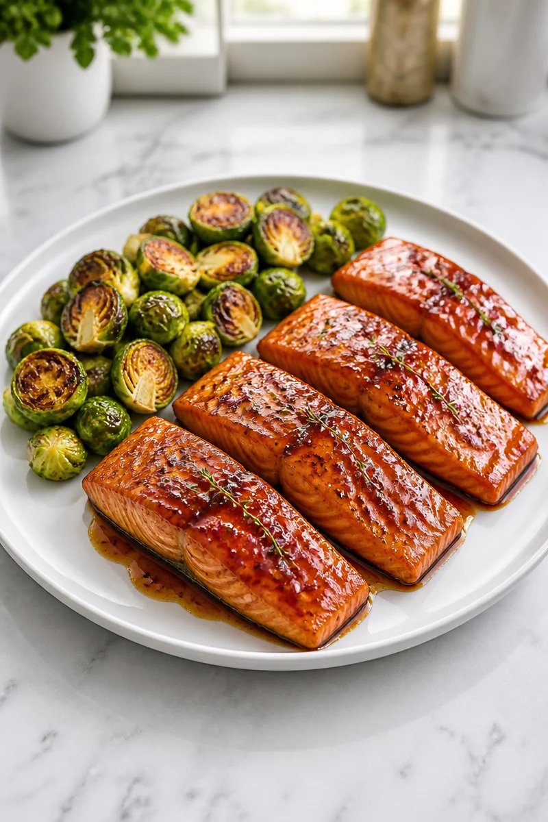 Maple glazed salmon fillet with roasted Brussels sprouts on a plate