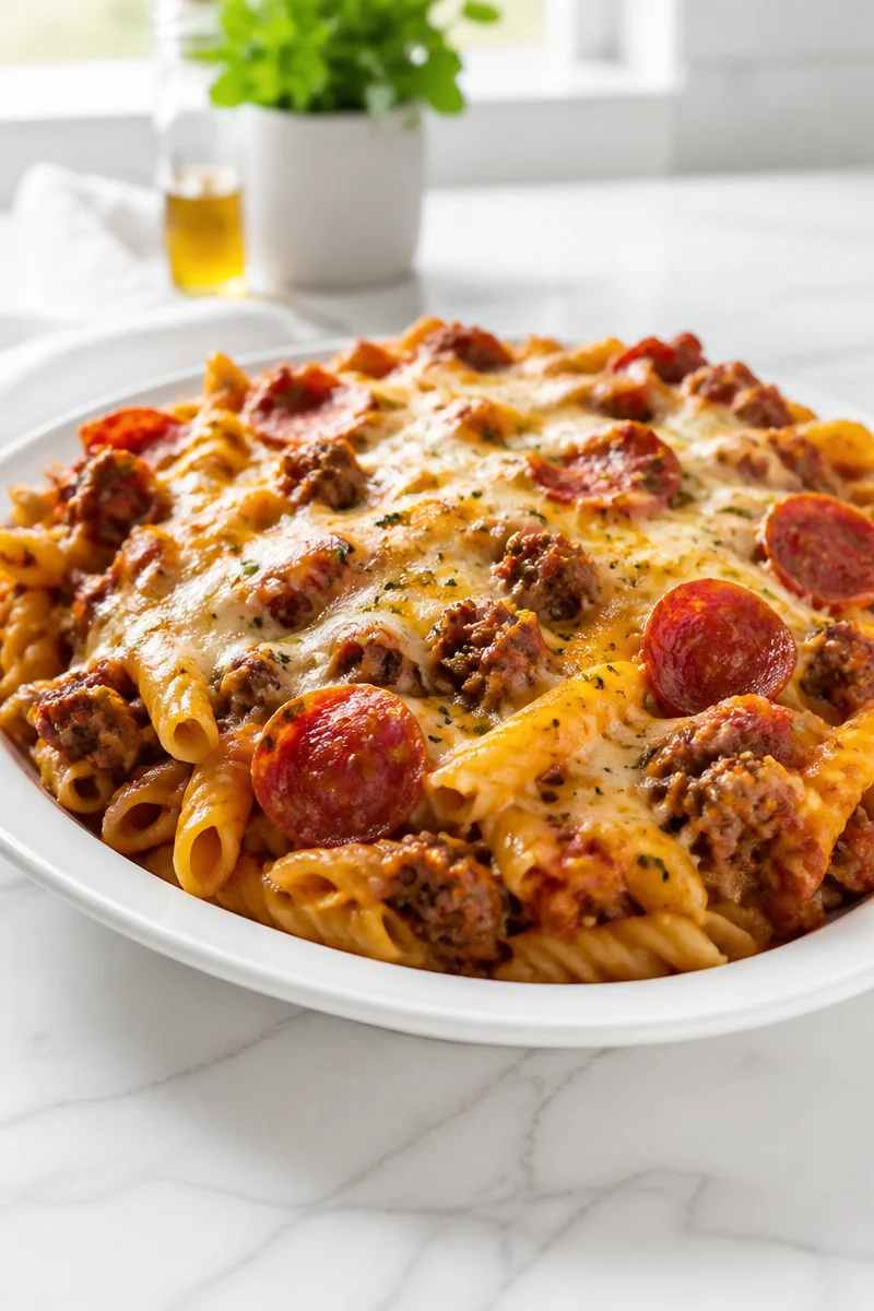 Delicious Meat Lovers Pizza Casserole topped with pepperoni and sausage