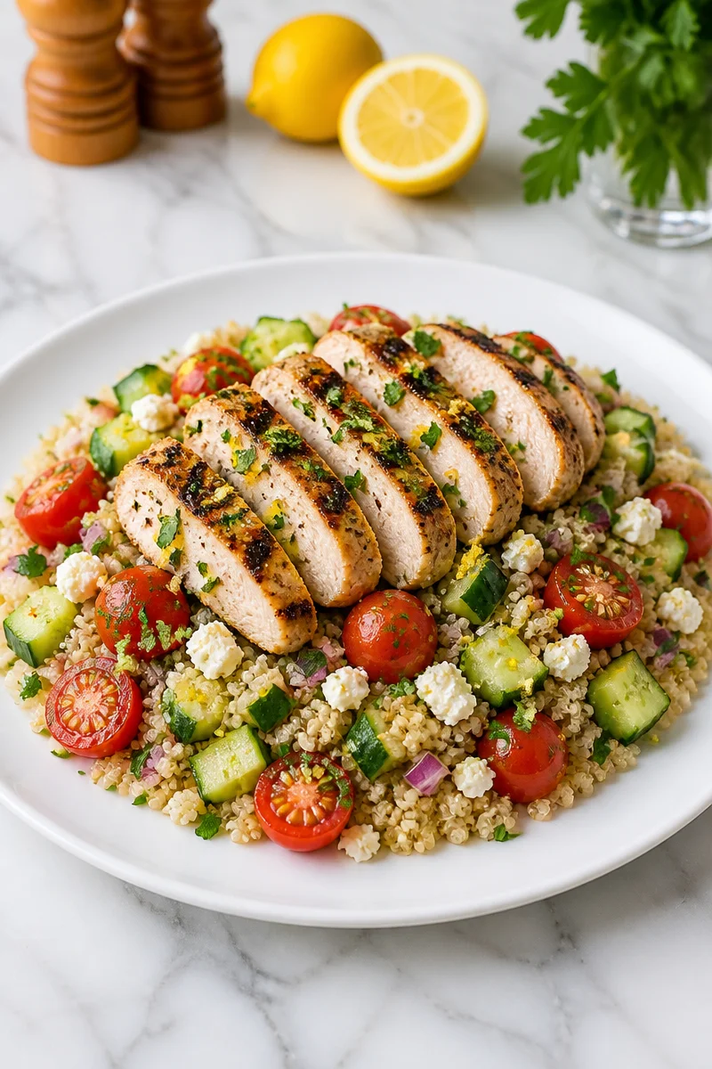 Mediterranean lemon herb quinoa chicken bowl with vibrant vegetables