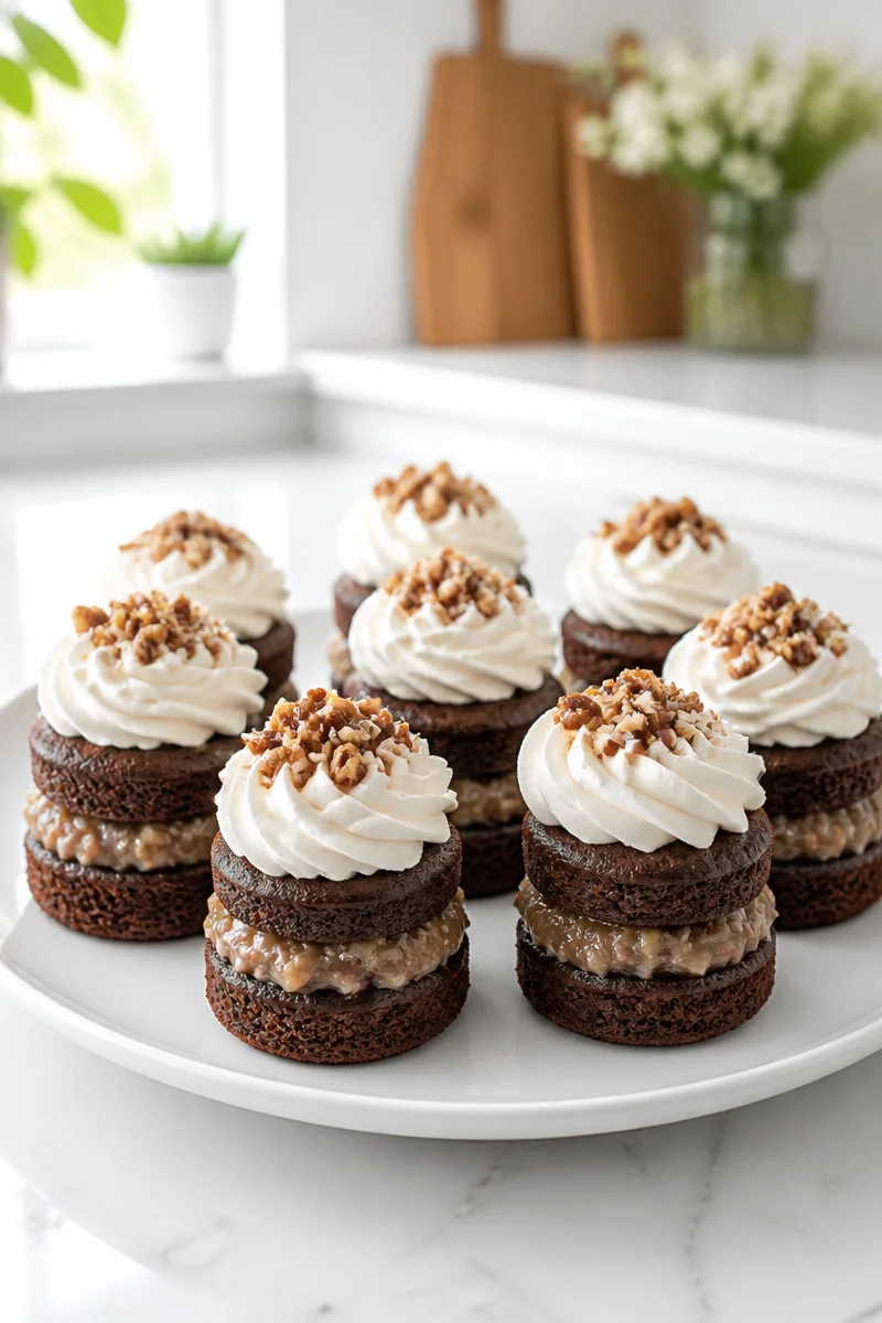 Mini Layered Cupcake German Chocolate Cake with rich chocolate frosting and coconut pecan topping