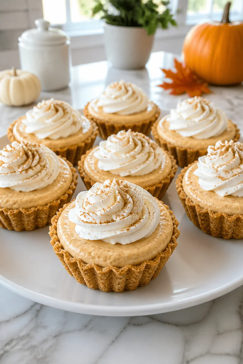 Mini No Bake Pumpkin Spice Cheesecake Tart with fall-themed decorations