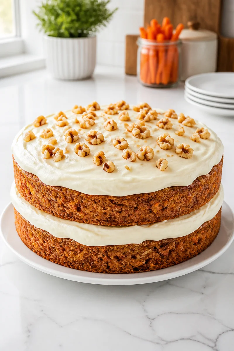 Slice of moist carrot cake with cream cheese frosting on a white plate