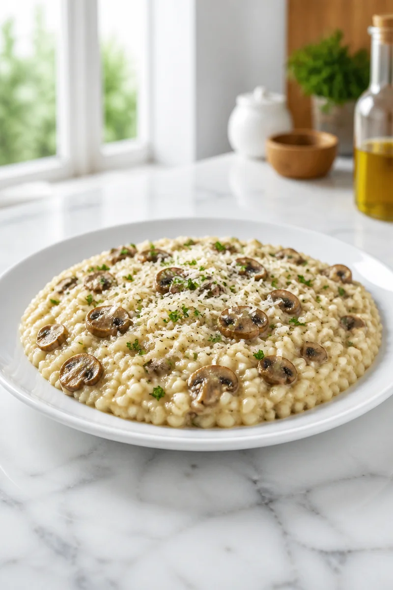 Creamy mushroom risotto with parmesan in a pot, garnished with herbs