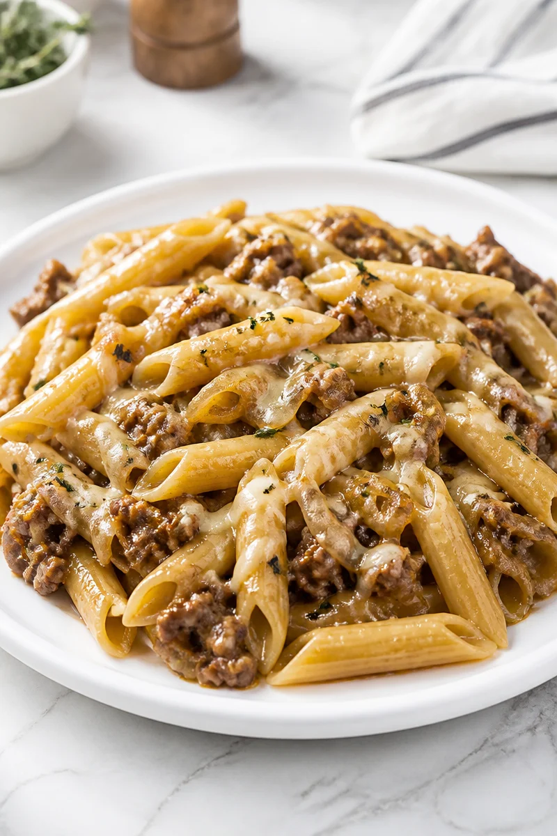 Delicious bowl of One Pot French Onion Beef Pasta topped with cheese