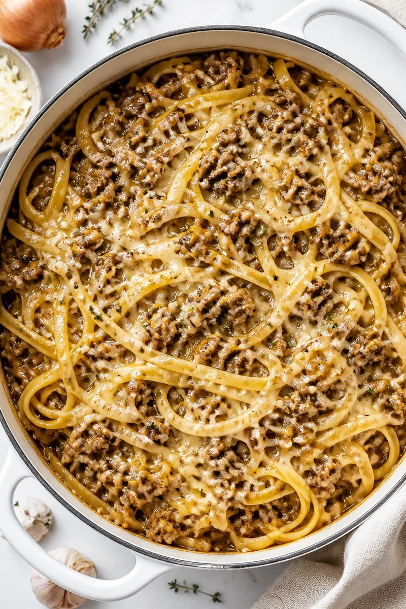 One Pot French Onion Beef Pasta