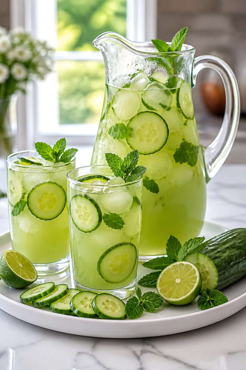 Refreshing Cucumber Mint Limeade served in a glass with fresh mint and lime slices.