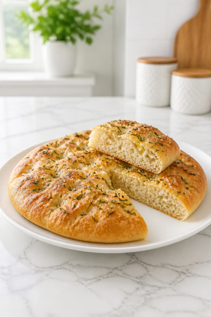 Homemade rosemary and sea salt focaccia bread on a wooden cutting board