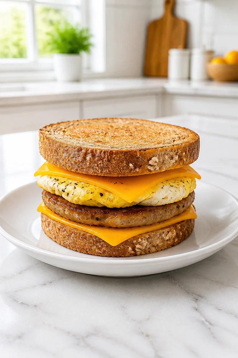 Savory turkey sausage egg breakfast sandwich served on toasted bread.