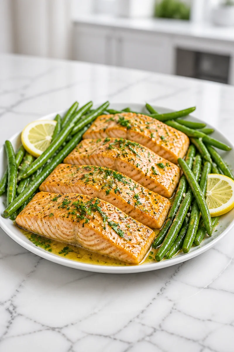 Sheet pan garlic butter salmon with green beans ready to serve.