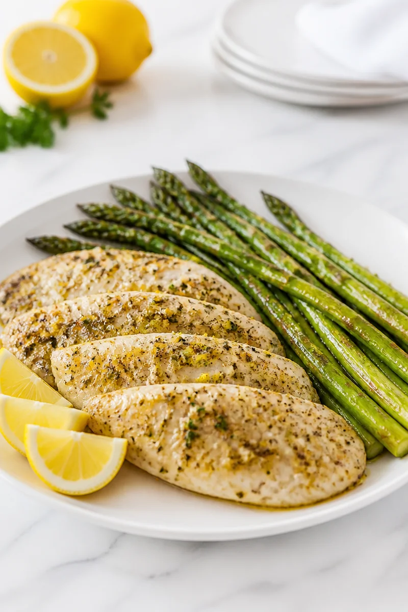 Sheet pan lemon herb tilapia with asparagus on a wooden table