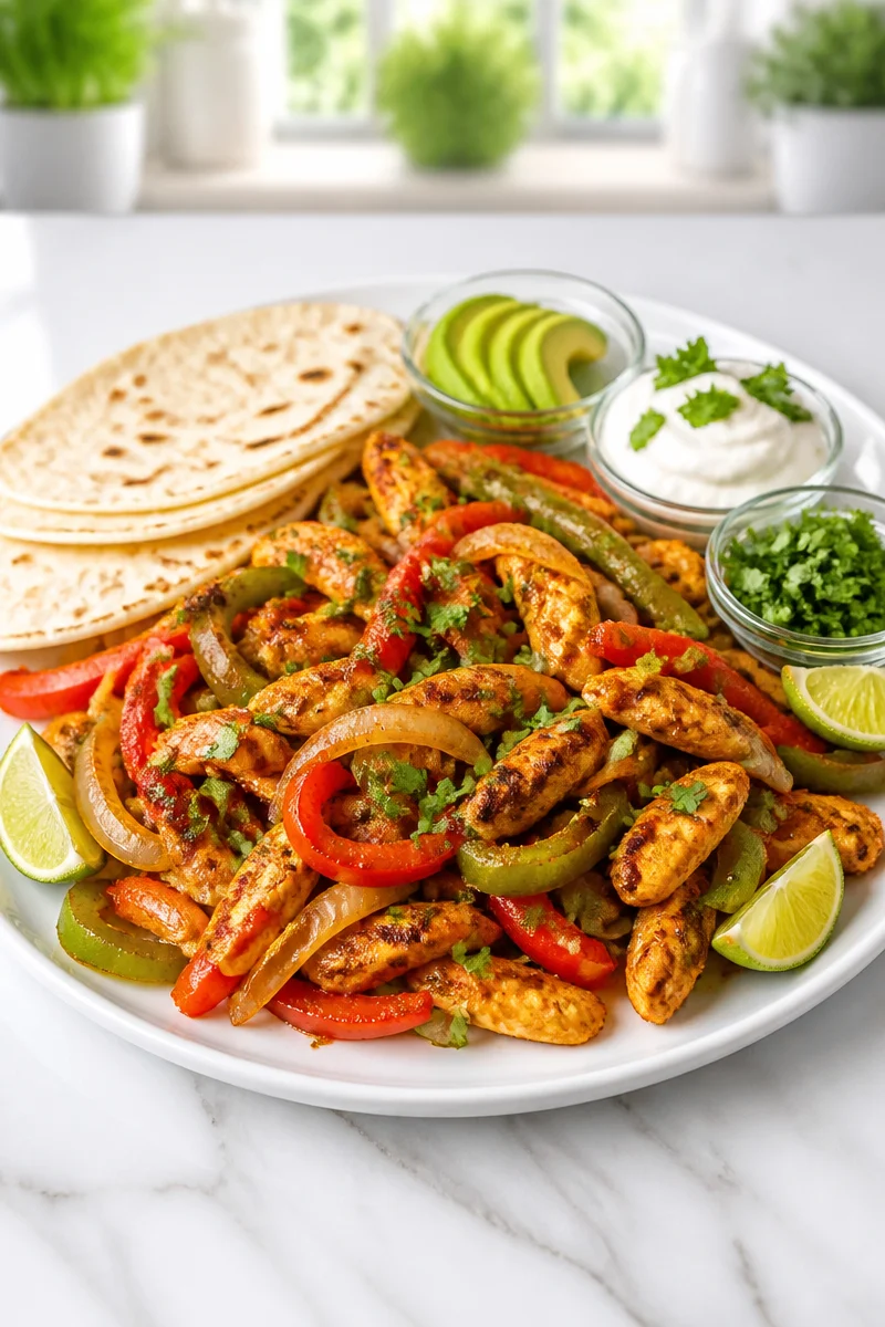 Sheet Pan Spicy Lime Chicken Fajita with colorful peppers and lime garnish