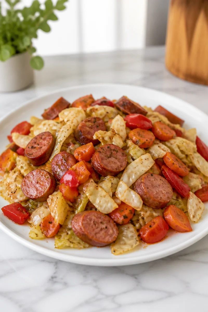 Sheet pan Turkey Kielbasa with sautéed cabbage and spices