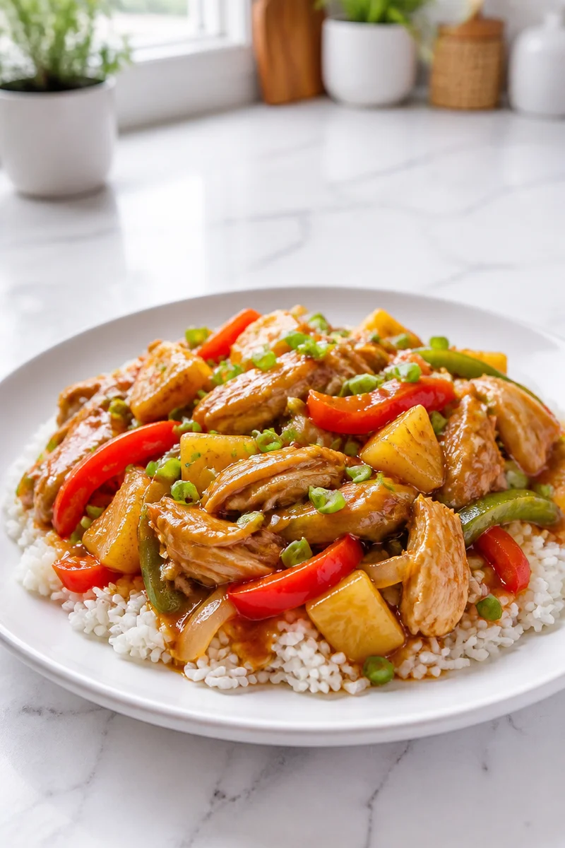 Slow cooker sweet and sour chicken served with rice on a plate