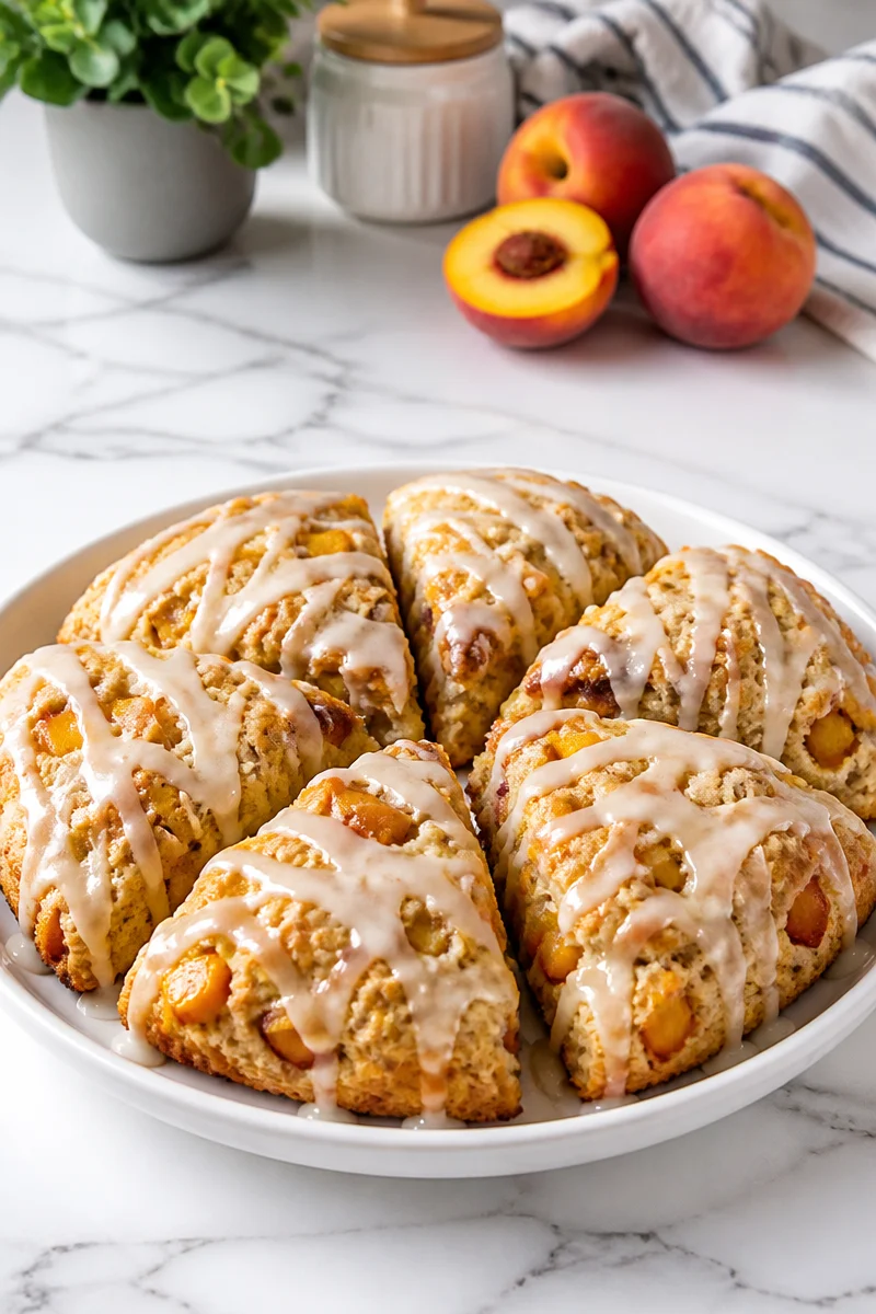 Sourdough Discard Peach Cobbler Scones drizzled with glaze on a plate