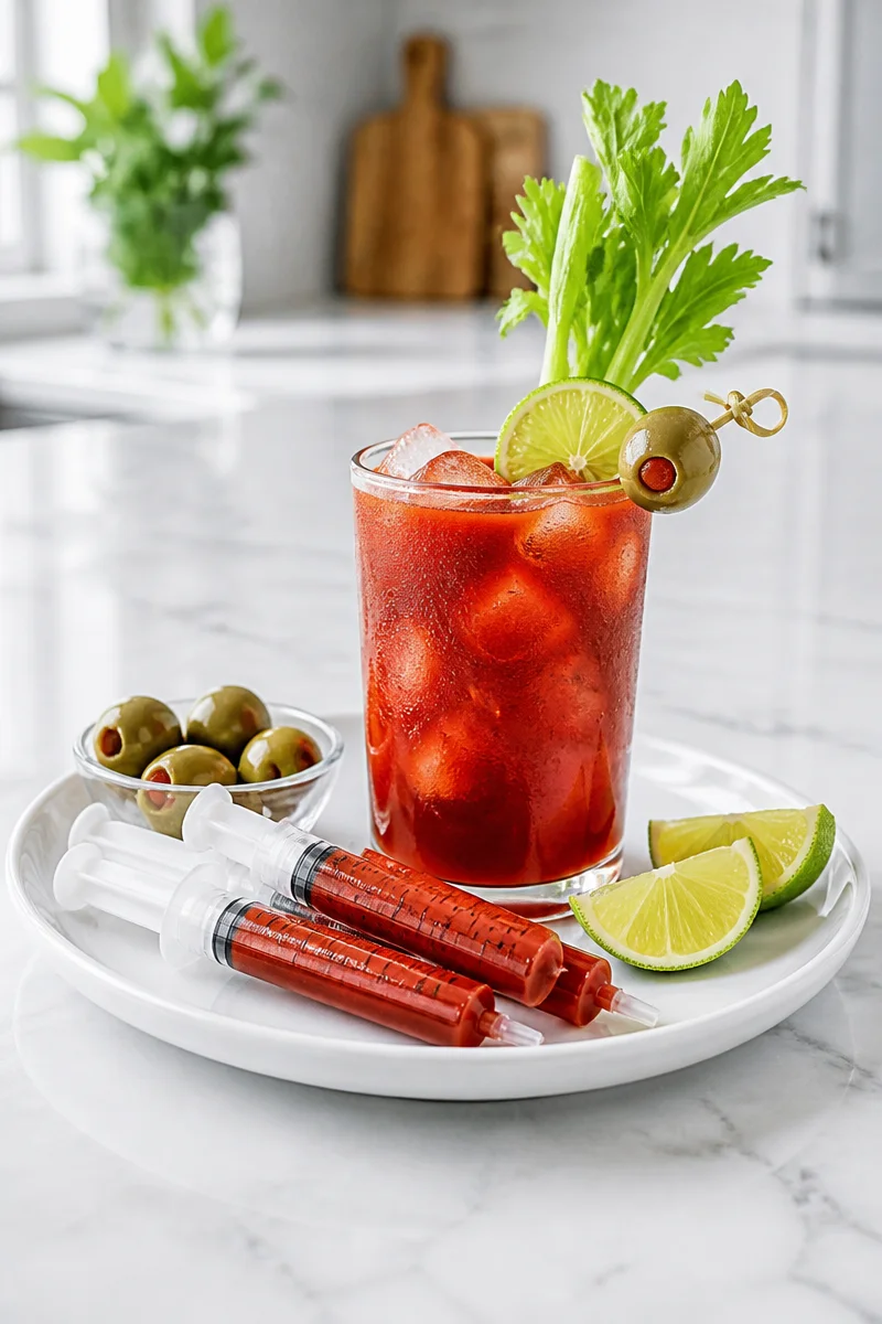 Spooky Bloody Mary cocktail served in syringes for a Halloween party