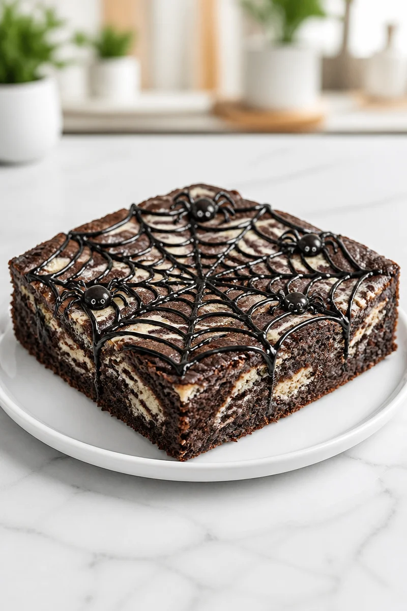 Spooky cream cheese spider web Halloween brownie decorated with chocolate and icing