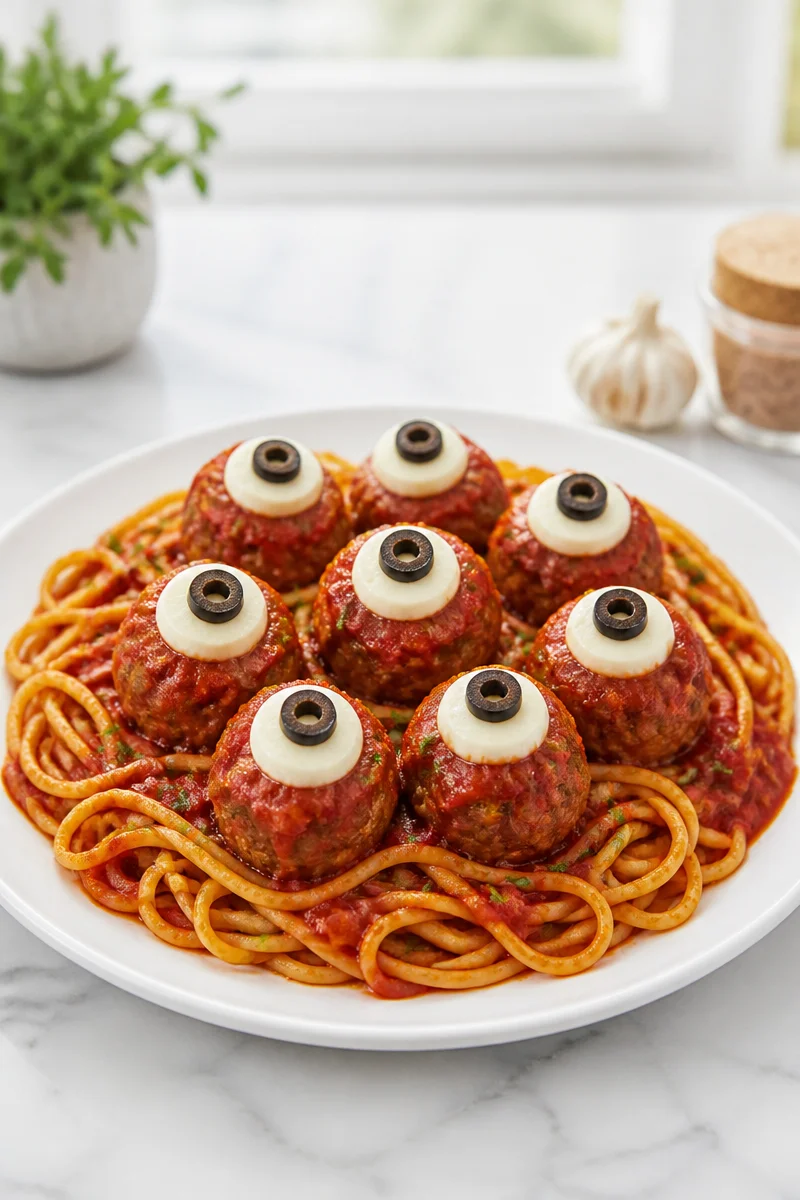 Spooky eyeball beef meatballs served on spaghetti, perfect for Halloween dinner.