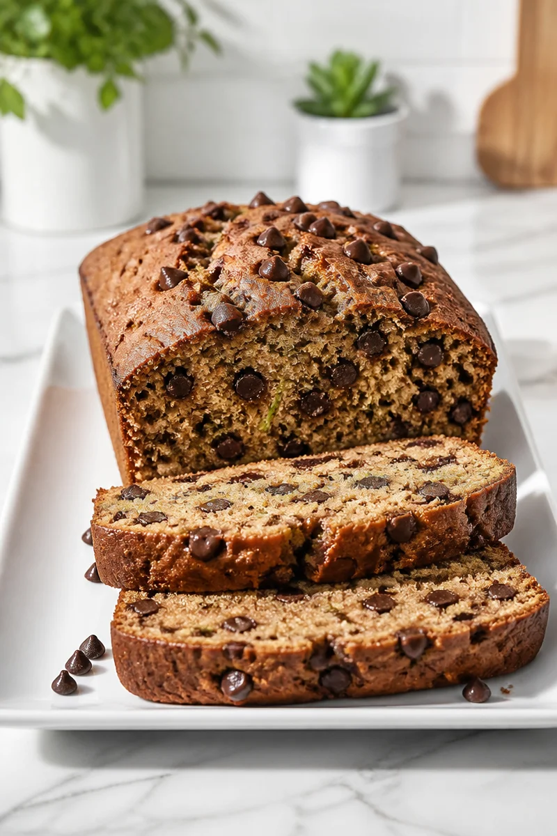 Homemade chocolate chip zucchini bread fresh out of the oven.